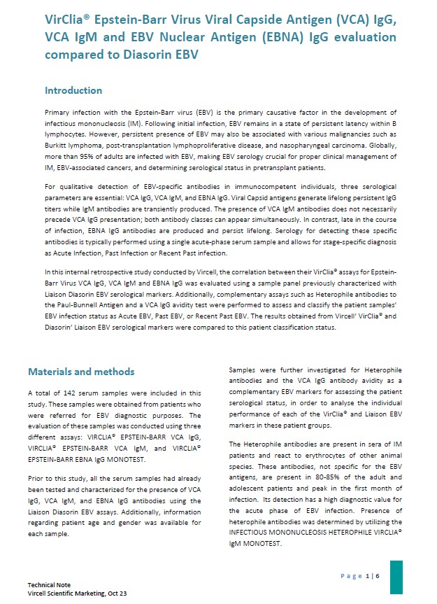 Evaluación de VirClia® Epstein-Barr Virus Antígeno de la Cápside Viral (VCA) IgG, VCA IgM y Antígeno Nuclear de EBV (EBNA) IgG en comparación con Diasorin EBV